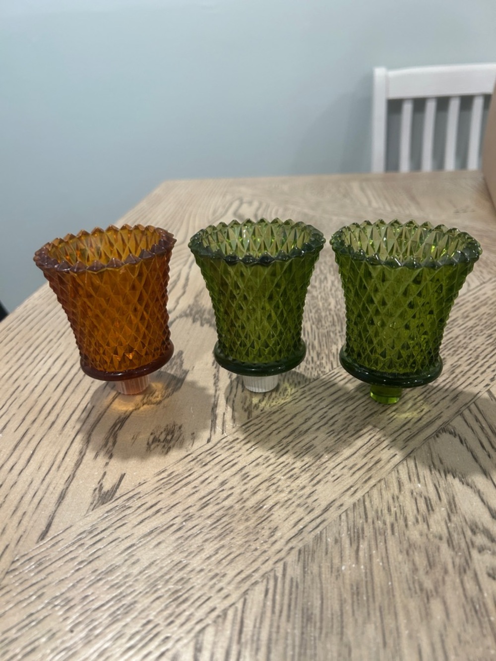 Vintage Amber and Green Diamond-Pattern Glass Candle Holders - Set of 3